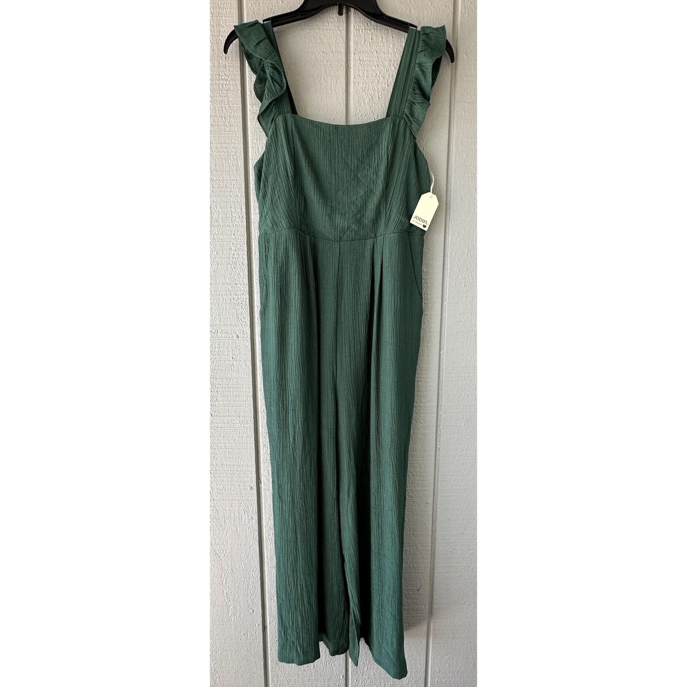Jodifl Jumpsuit Womens Small Emerald Green Ruffle Strap Wide Leg Square Neck New